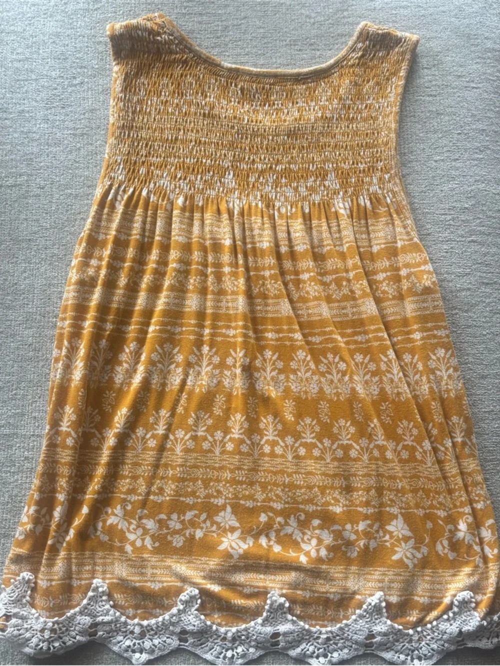 Rewind Mustard Boho Floral Smocked Tank | Lace Hem Babydoll Top | Size Small - Picture 4 of 4